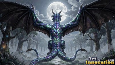 Facing away in a foggy forest, a blue dragon opens wings under a bright moon