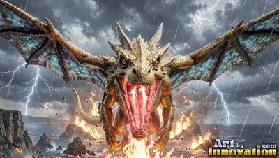 A golden dragon gives a loud roar over the stormy sea with bright lightning behind it