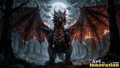 In a deep dark woods under a bright full moon, a black dragon stands with spread fiery wings
