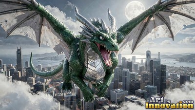 Gliding over a sunny city, a green dragon spreads wide wings under the moon