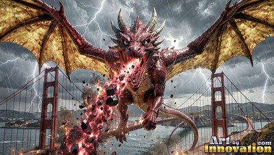 Red dragon breathing fire over a suspension bridge in a storm