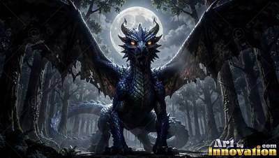 Dark blue scales cover a horned dragon spreading wings in a dim forest under a bright round moon