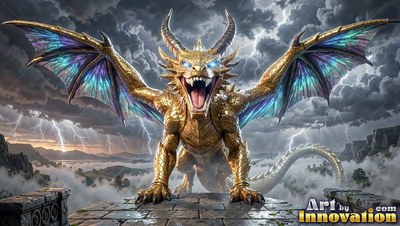 A gold dragon opens its mouth to roar with open wings above clouds during a bright lightning storm