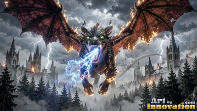 Swooping forward over a stormy forest, a winged dragon breathes blue lightning
