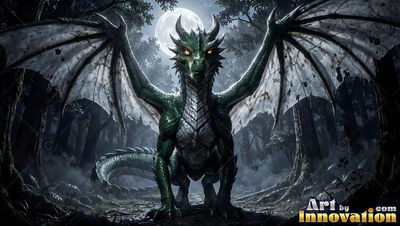 A green dragon stands with spread wings in a dark forest under a bright round moon