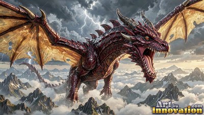 Above snowy mountains, a red dragon roars with open wings in a storm