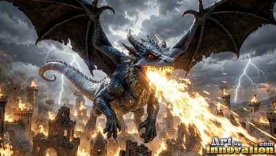 Breathing fire over burning stone towers, a dark scaled dragon spreads wide wings under lightning
