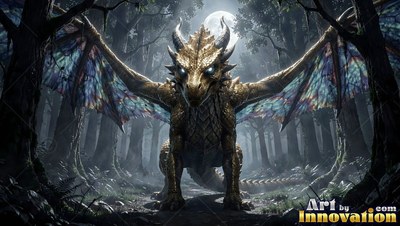 Golden dragon spreads its wings in a shadowy woods under the moon