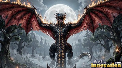Flaming wings spread wide on a black dragon standing before a full moon in a misty forest