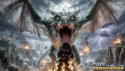 A green dragon breathes fire over stormy sea cliffs under flashes of white lightning