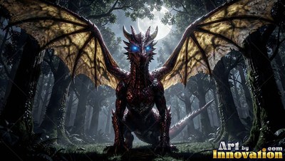 Crouched facing forward in a dim forest, a horned dragon spreads its wings under the moon
