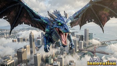 A bright blue dragon swoops over modern city skyscrapers in daylight