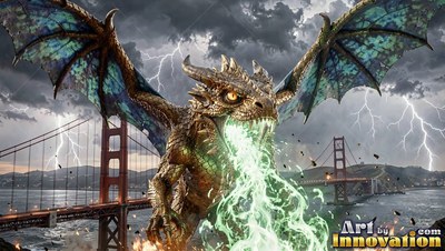 Above a stormy bay, a winged dragon breathes green fire by a suspension bridge