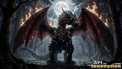 Spreading flaming wings, a dark dragon stands in a forest under a full moon