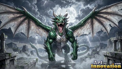 Green dragon roaring on stone ruins beneath a stormy bright round moon