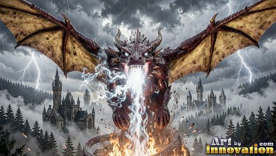 Wide tan wings spread wide as a red dragon breathes lightning over dark castles in a storm
