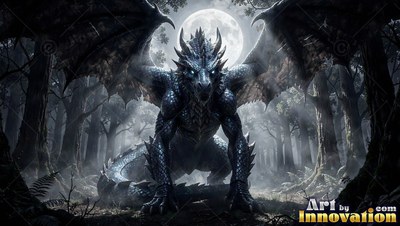 A dark dragon crouches on the forest floor with wings spread beneath pale moonlight
