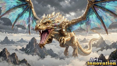 Flying forward over rocky mountains, a gold dragon lets out a roar in a stormy sky