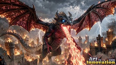 A winged black dragon breathes fire over a burning stone castle in a storm