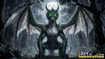 In a dark forest under a bright full moon, a green dragon stands with wings spread wide