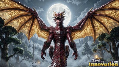 Roaring with wide wings, a red dragon stands in front of a moon above trees