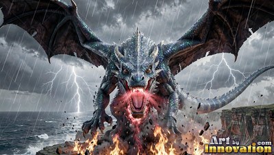 Roaring gray dragon breathing fire on a cliff in a lightning storm