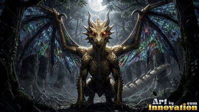Bright red eyes stare from a gold dragon crouching in a dim forest under the moon