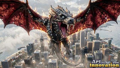 A dragon flies over a coastal city skyline, lit by bright orange flames on its wings
