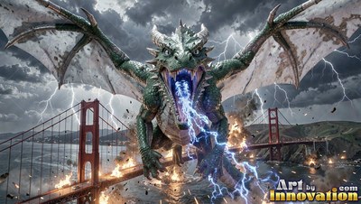 Facing forward, a green dragon breathes blue lightning over a red suspension bridge
