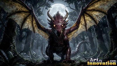 A red dragon spreads its wings in a deep dark woods under a full moon