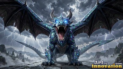 In a lightning storm, a blue horned dragon opens its mouth to roar with wide wings spread open
