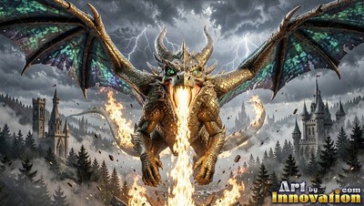 Breathing fire, a gold scaled dragon flies past castles in a thunderstorm