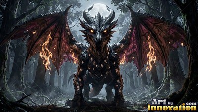 Black dragon with fire on its wings in a dark moonlit forest