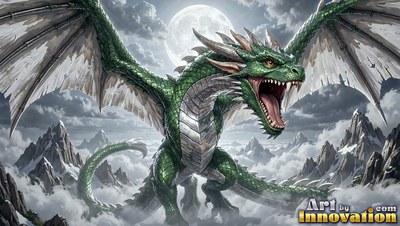 Sharp white teeth bared, a green winged dragon gives a loud roar above snowy mountains under a moon