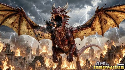 A winged red dragon gives a loud roar over burning ruins against bright white lightning