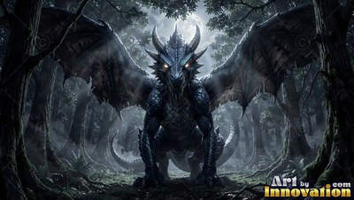 Crouching front view of a dark dragon in a night forest with a bright full moon