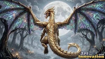 A gold dragon spreads its wide wings before a moon in a night forest