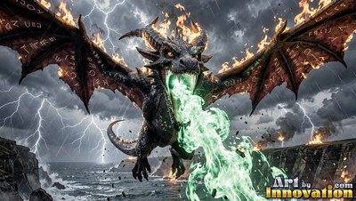 Over a stormy sea, a horned dragon breathes green fire with burning wings spread wide