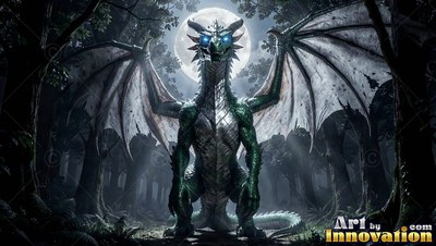 Spreading its wings, a green dragon stands in a dark forest beneath a round moon