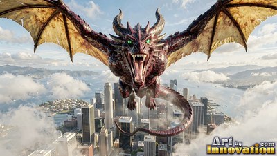 A horned dragon gives a loud roar as it flies high above a city
