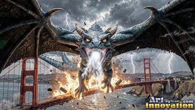 Spiky horned head raised, a teal dragon breathes white fire over a red suspension bridge in a storm