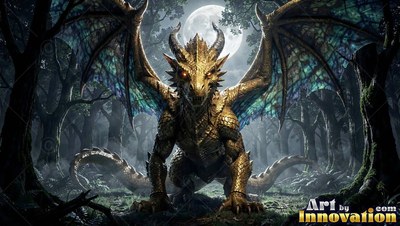 A golden dragon crouches in a dim forest beneath the full moon with teal wings spread wide