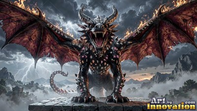 Crouching low on a stone wall, a black dragon lets out a roar under storm clouds