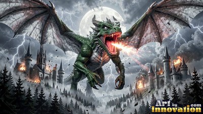A green dragon breathes fire over a burning stone castle during a lightning storm