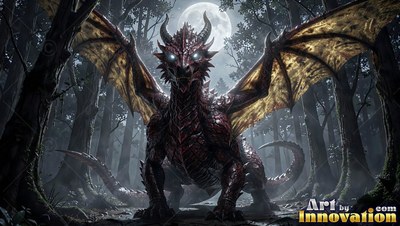 In a dark forest under a bright round moon, a red dragon spreads wide wings