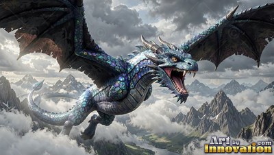 Soaring with open wings, a blue scaly dragon flies over cloudy gray mountains
