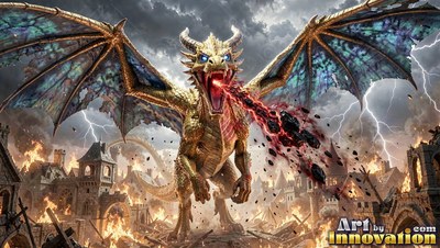 Golden dragon breathing fire over a burning city in a lightning storm