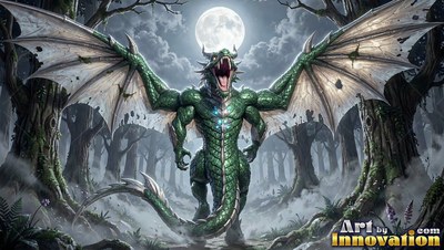 Green scaled skin covers a roaring dragon standing in a dark forest under a full moon