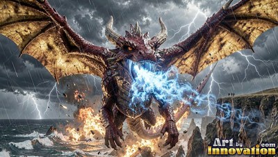 A red dragon breathes bright blue lightning above a stormy sea with fire on the rocks