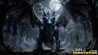 Facing forward with spread wings, a blue dragon stands in a dark forest under a full moon
